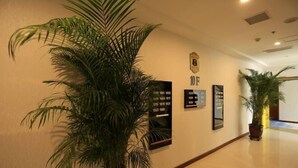 Un pasillo con una planta grande en maceta, un cartel con números de habitaciones y un cuadro enmarcado.