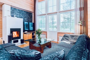 Smart TV, fireplace, DVD player, books