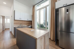 Refrigerador, horno, placa de cocina, utensilios de cocina