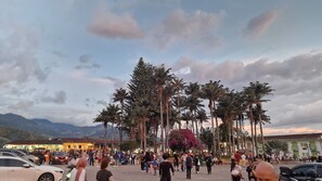 A busy street scene with palm trees, a market area, and a mountain backdrop. - Casa Tien (Salento)