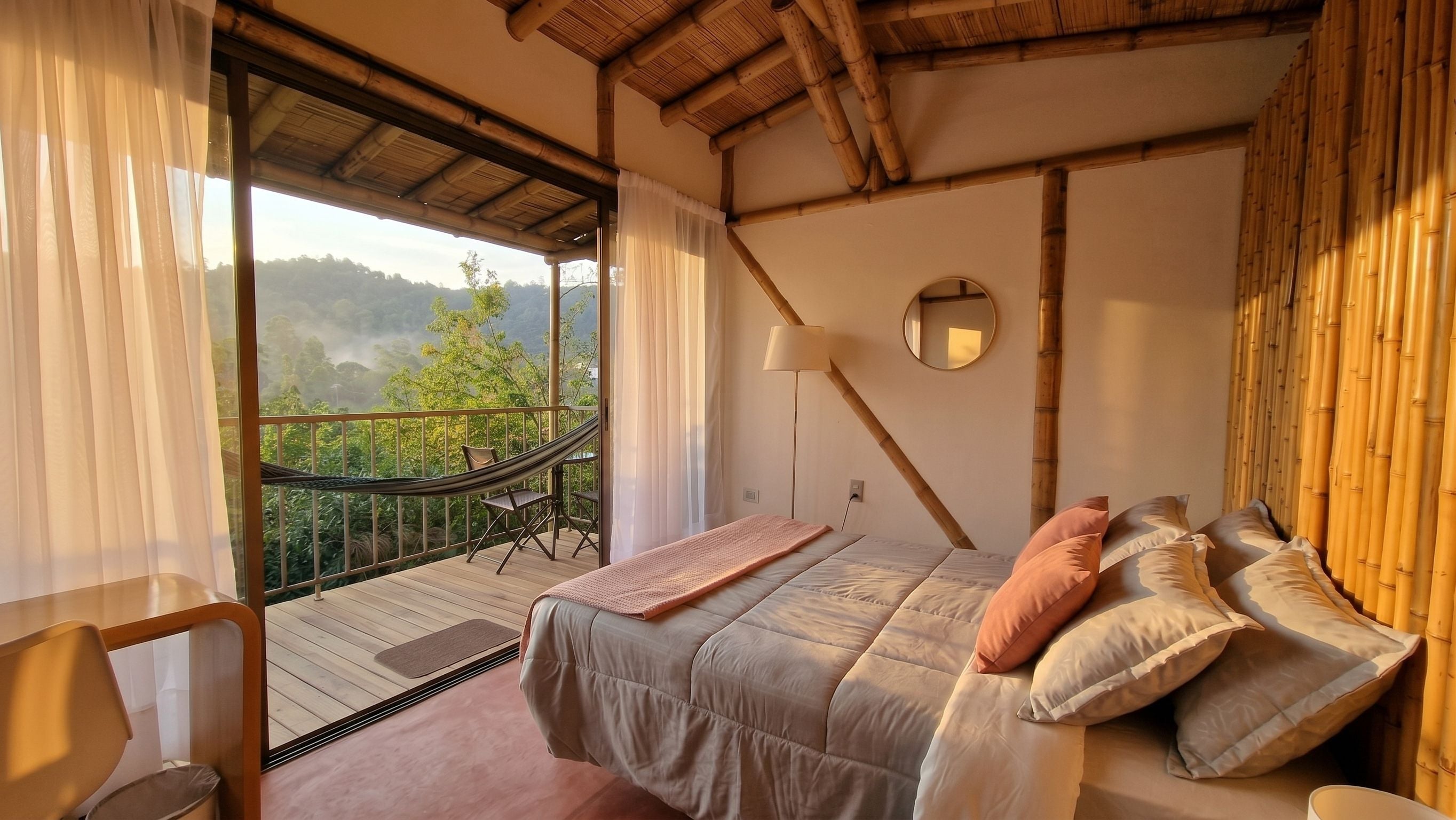 A room with a bed, a chair, a balcony with a view of greenery, and a lamp.