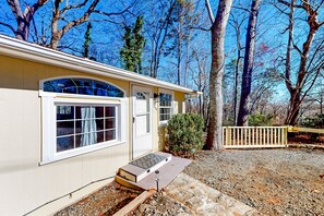 Exterior detail - Tree-lined lake view abode with large deck, modern interior, board games, & W/D (Lake Lure)