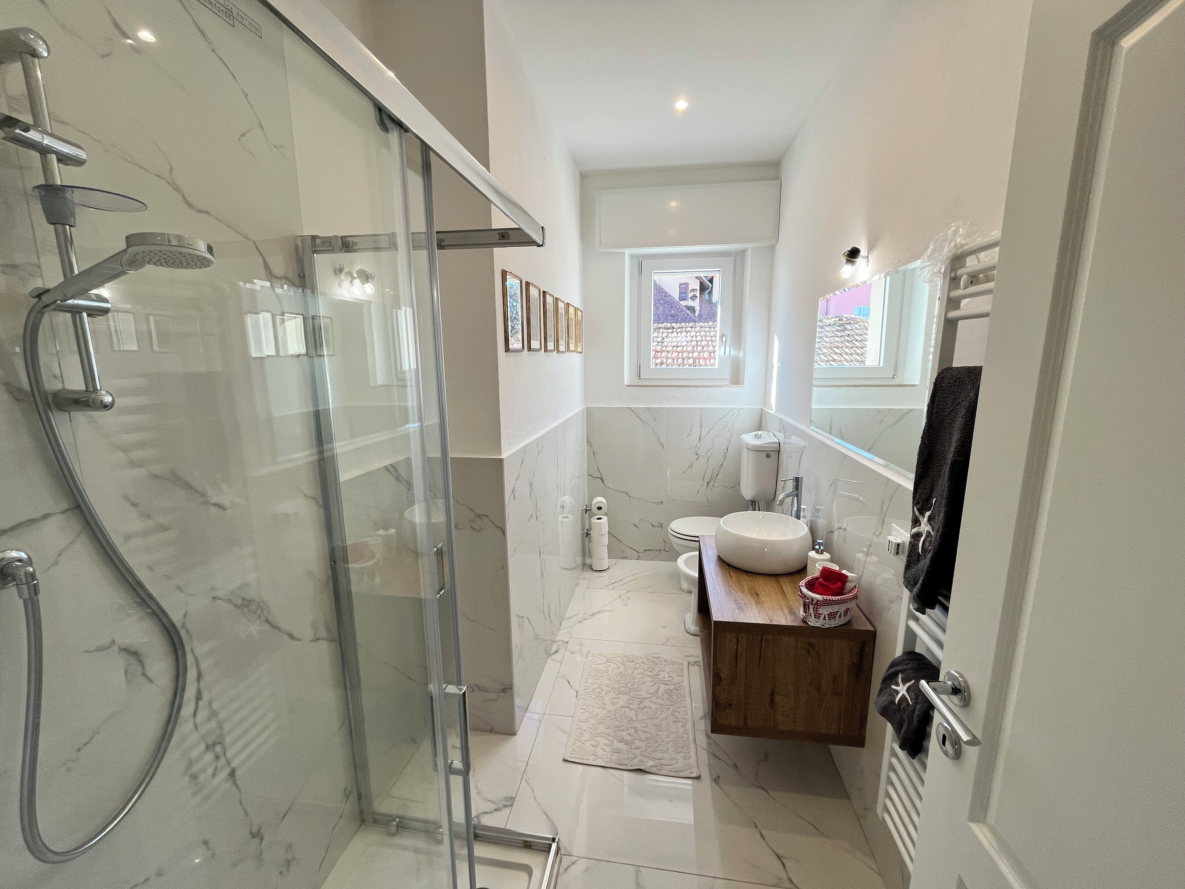 Hair dryer, bidet, towels, soap