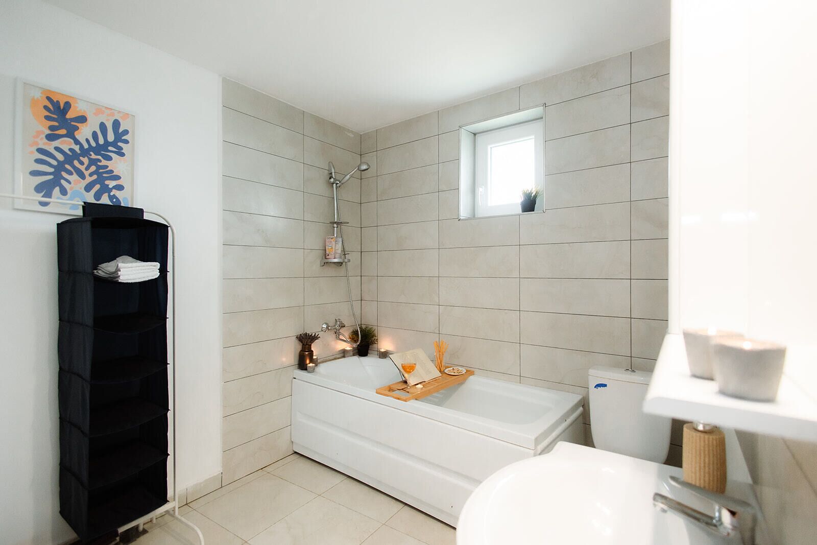 Hair dryer, towels, soap, toilet paper