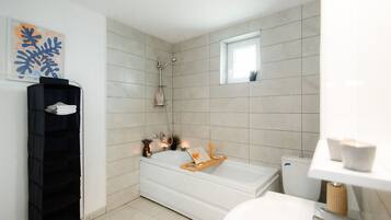 Hair dryer, towels, soap, toilet paper