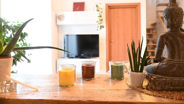 A wooden table with three glass containers of different colored liquids, a potted plant, a Buddha statue, and a television on a stand. - CN004 - Cesenatico, new penthouse with terrace and Jacuzzi (Cesenatico)