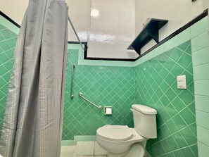 Ducha, secador de pelo, toallas, shampoo