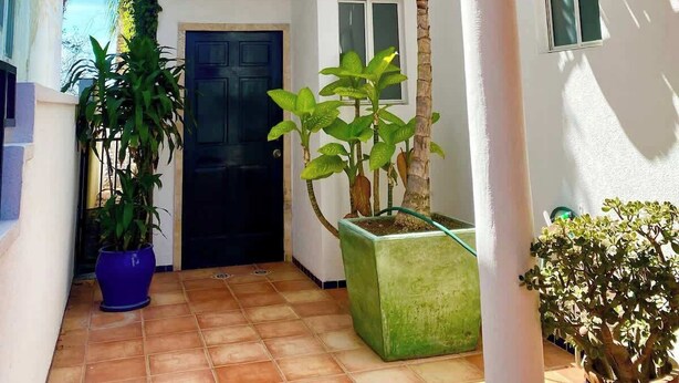 A courtyard with a tiled floor, a black door, and potted plants. - Real Del Mar Tijuana  Apt for 2 guests (Tijuana)