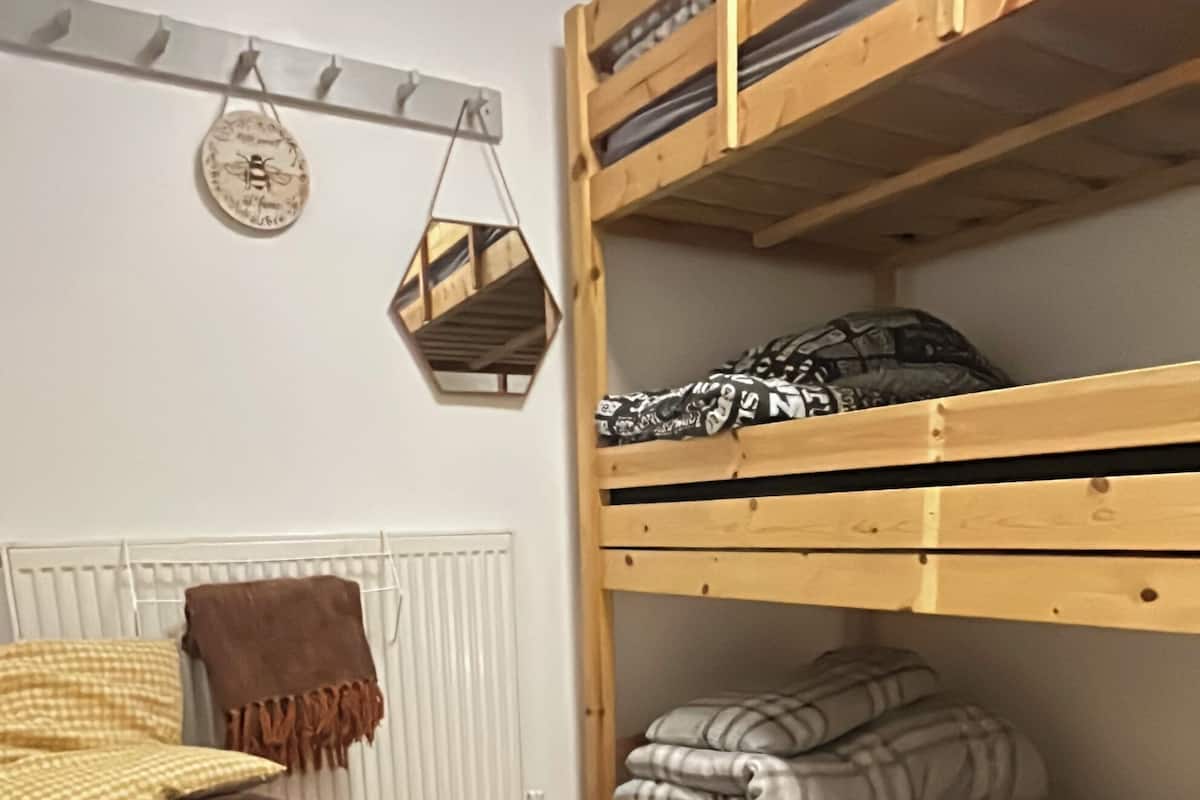 A room with a bunk bed, a patterned rug, a radiator, and a wall-mounted decoration.