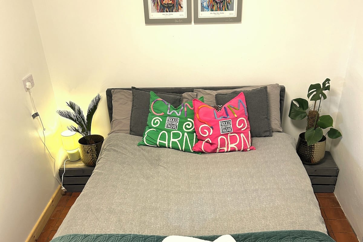 A neatly made bed with a green quilt, two pillows with 'CARNIVAL' text, a framed picture above the bed, and a potted plant on the nightstand.