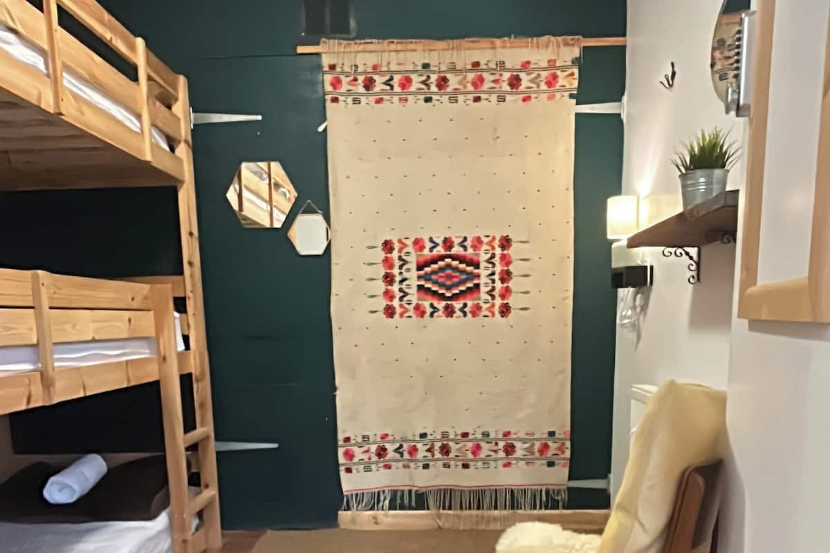 A room with bunk beds, a chair, a rug, a wall hanging, and a shelf with a plant.