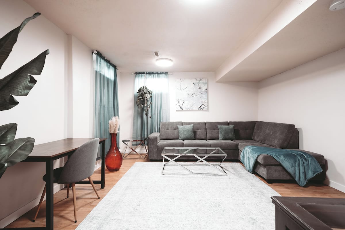A modern living room with a dark sofa, a glass coffee table, a dining table with chairs, and a large plant.