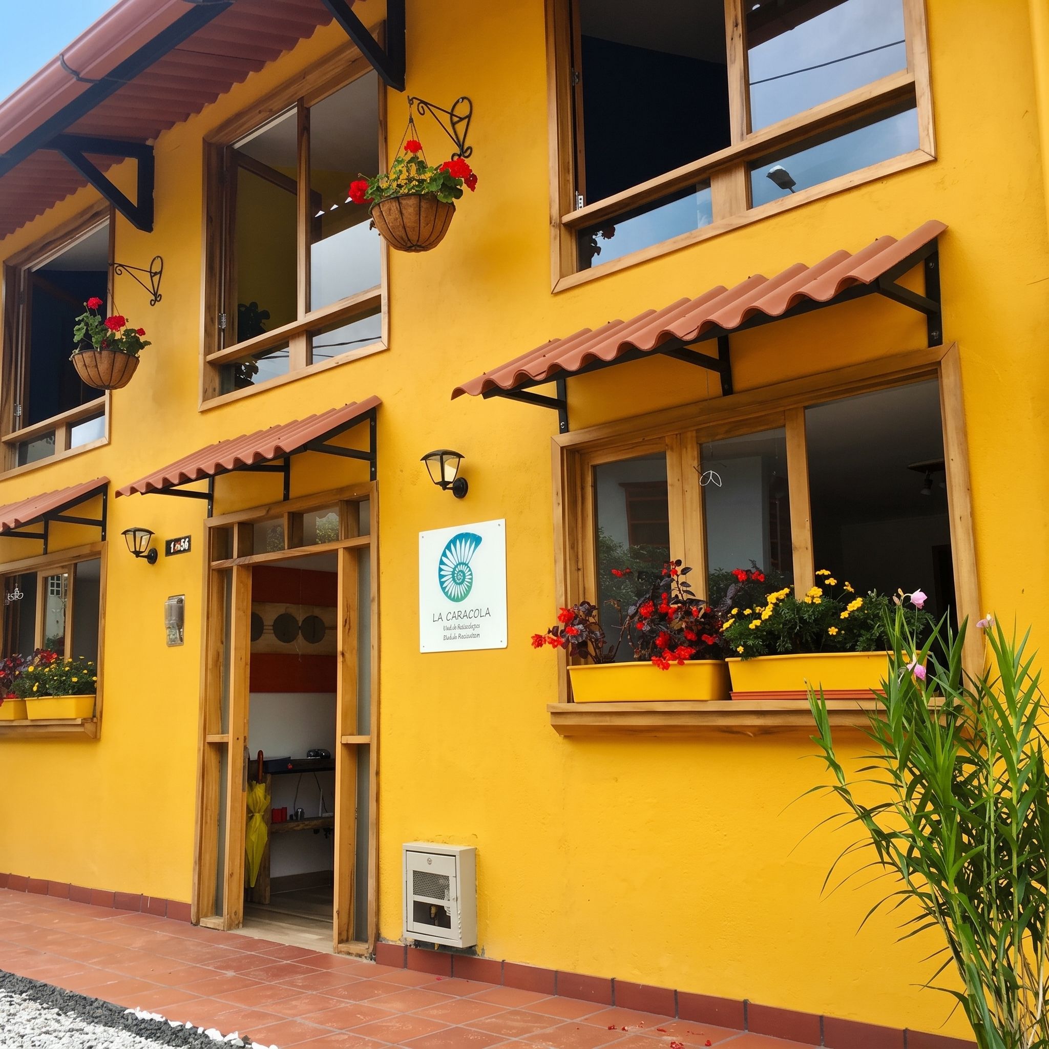 Un edificio amarillo con varias ventanas, un letrero que indica 'LA CARACOLA' y macetas con flores en el exterior.