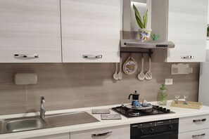 Fridge, coffee/tea maker, cookware/dishes/utensils, spices