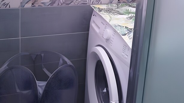 Un espace buanderie équipé d’un lave-linge et d’un grand ventilateur.