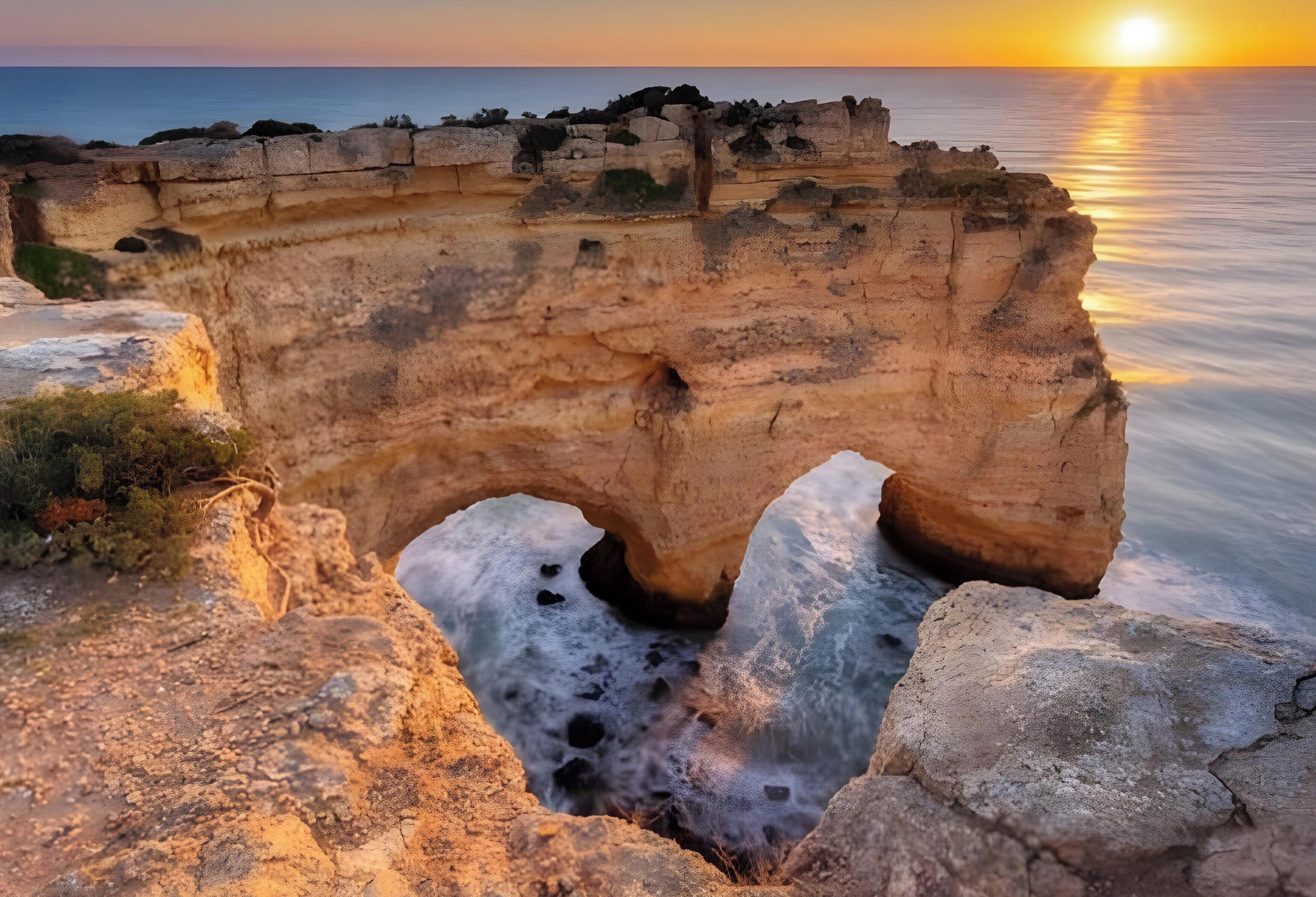 Formación rocosa natural con una abertura similar a una cueva, rodeada de agua tranquila y un atardecer.