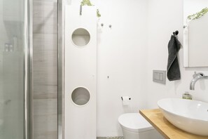 Douche, séchoir à cheveux, serviettes fournies, savon