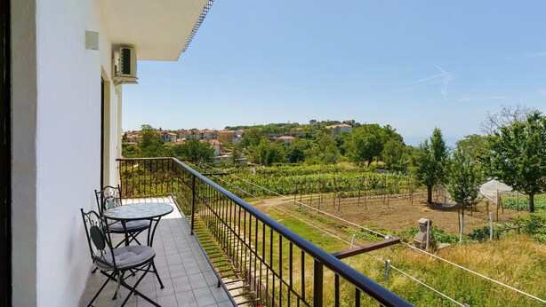 A balcony with a table and chairs, a railing, and a view of a vineyard and houses in the distance. - Apartment 'Familiare A Due Passi Dal Sentiero Degli Dei' with Sea View, Wi-Fi and Air Conditioning (Agerola)