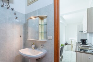 Shower, hair dryer, towels