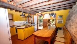 A kitchen with yellow cabinets, a wooden island, and a dining area with benches.