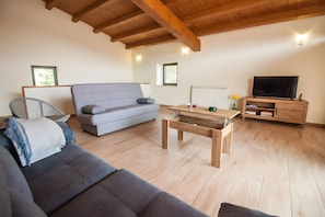 A modern living room with a sofa, a chair, a coffee table, a TV, and a bookshelf.