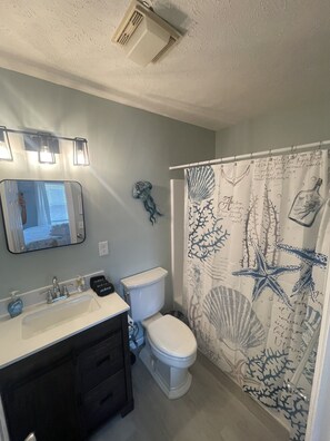 Hair dryer, towels, soap, toilet paper