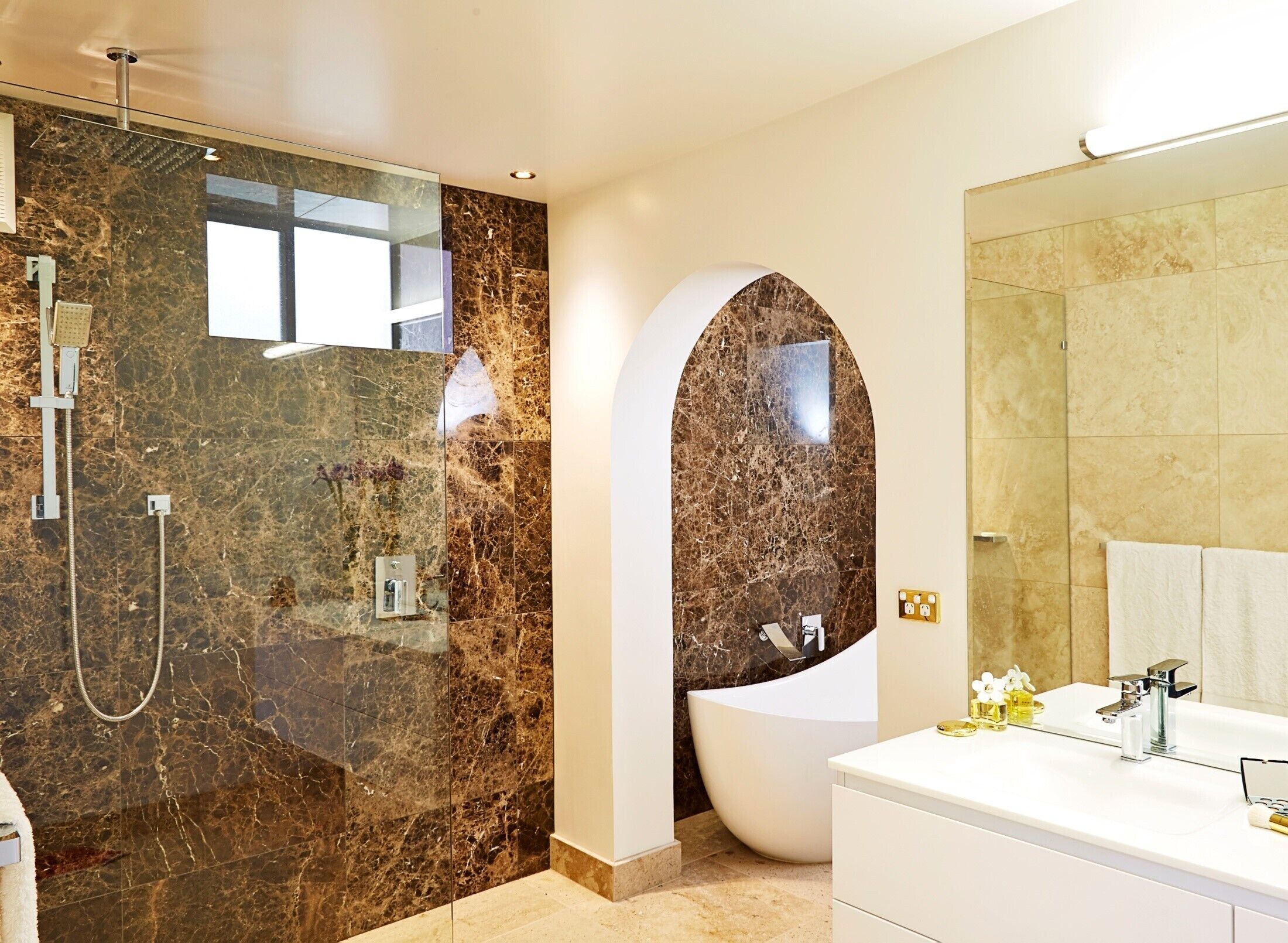 Hair dryer, towels, soap, shampoo