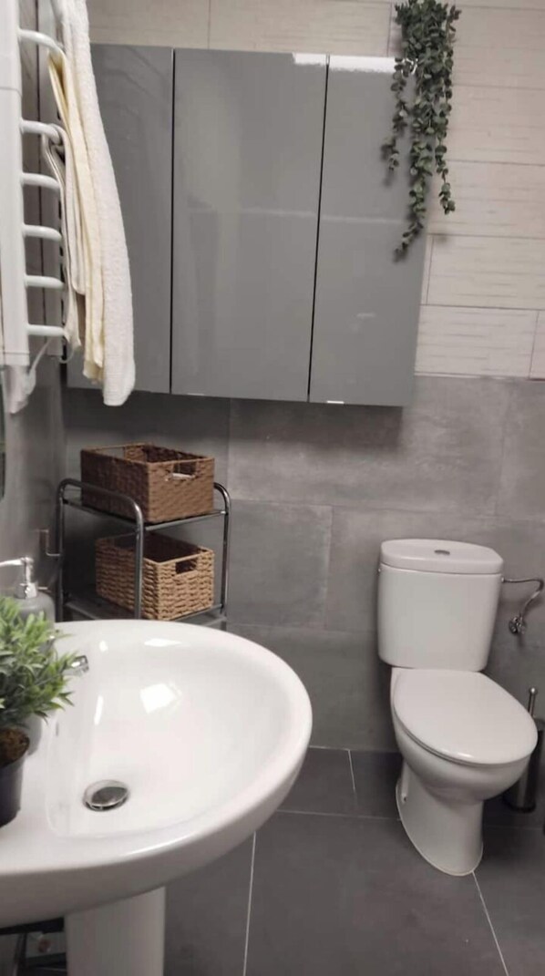 Shower, towels, soap, toilet paper