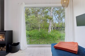 A room with a large window, a black wood-burning stove, and a blue sofa.