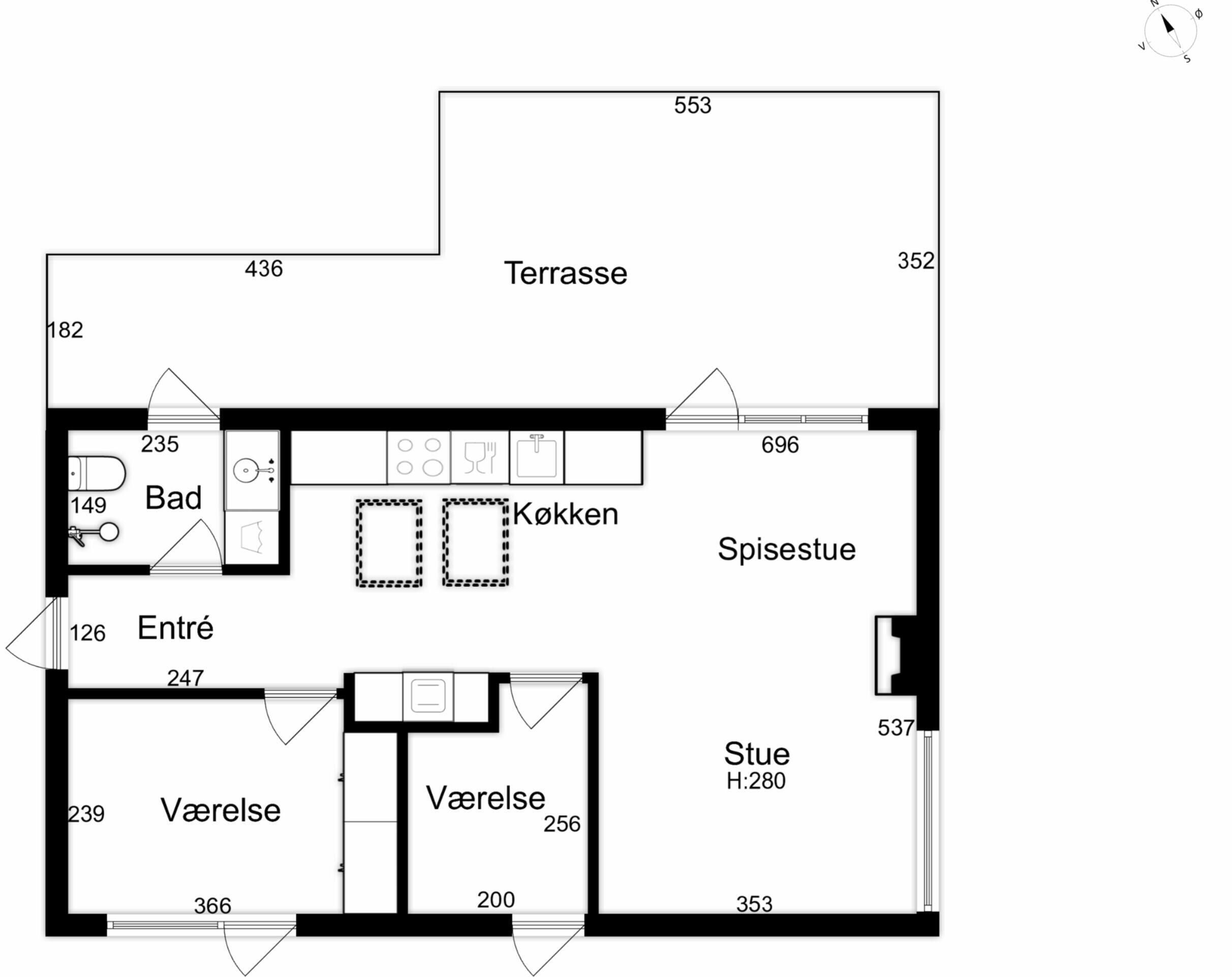 A floor plan with labeled rooms including a terrace, kitchen, dining area, and bedrooms.