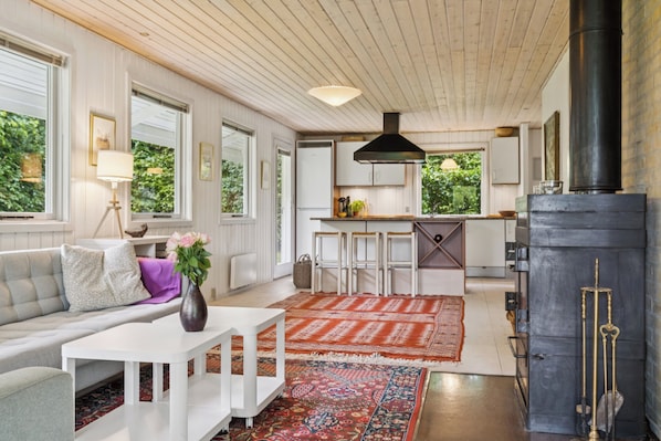 A modern kitchen with a large stove, white cabinetry, and a view of the outdoors.