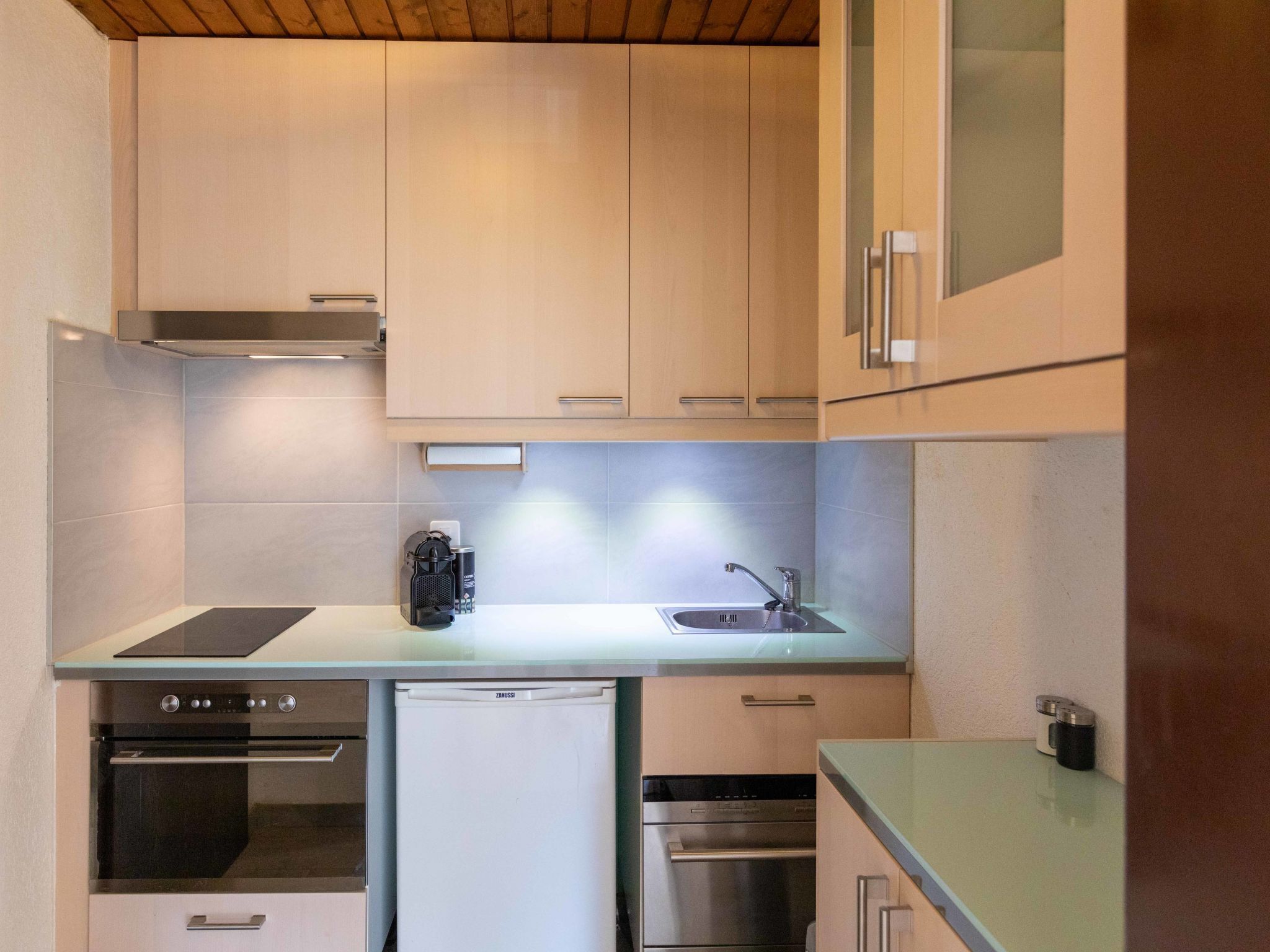 A compact kitchen with a built-in oven, a dishwasher, and a refrigerator.