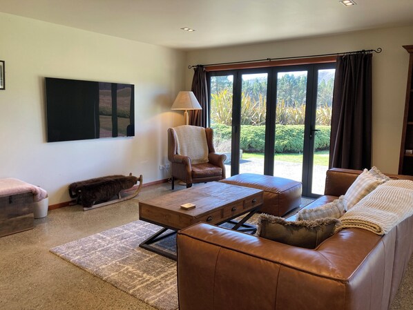 TV connectée, cheminée, écrans d'ordinateur