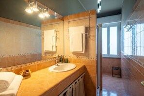 Shower, hair dryer, bidet, towels