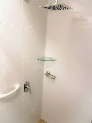 Een douche, een haardroger, handdoeken, zeep