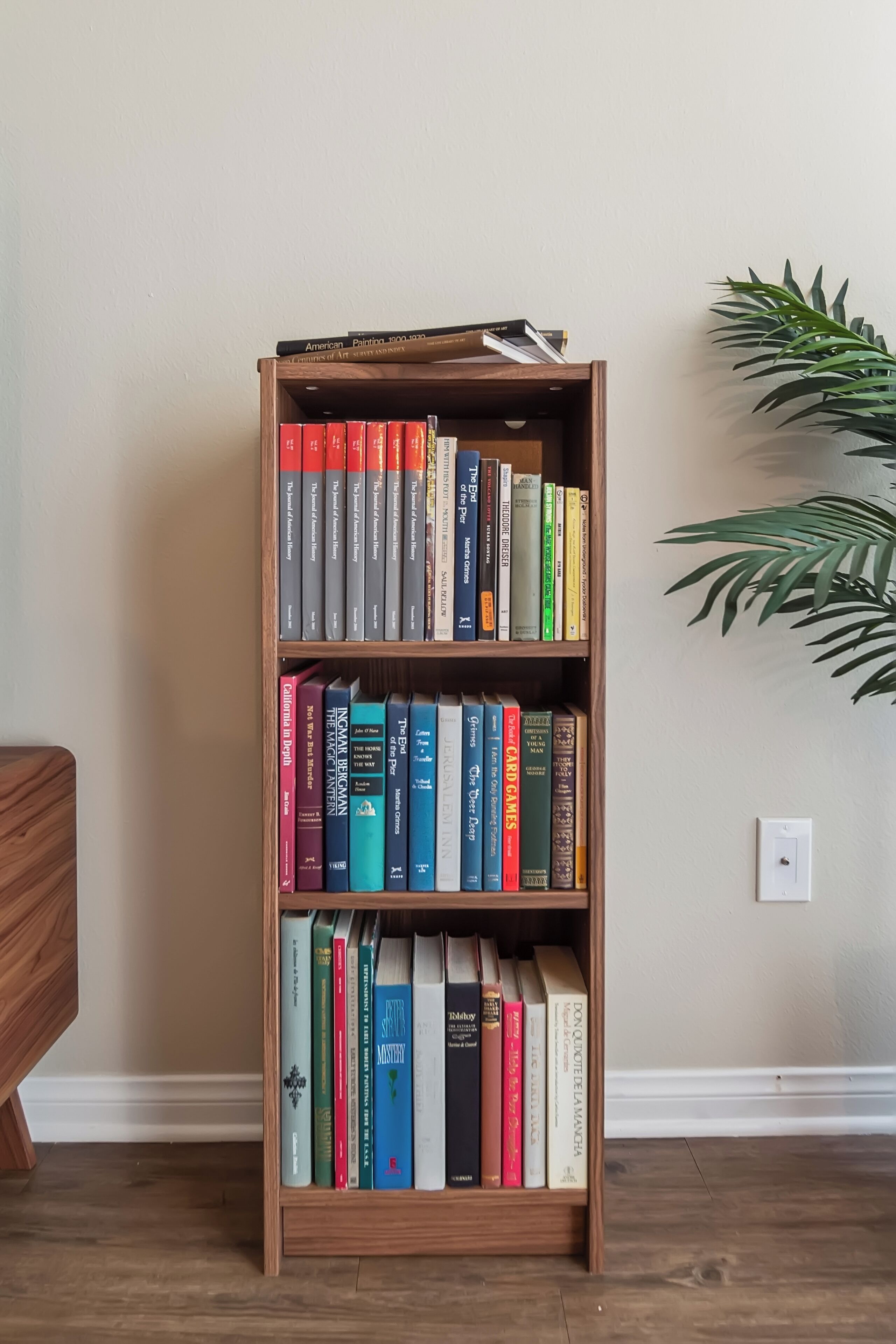Una estantería con varios libros, piso de madera y una planta al fondo.