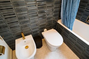 Hair dryer, bidet, towels, toilet paper