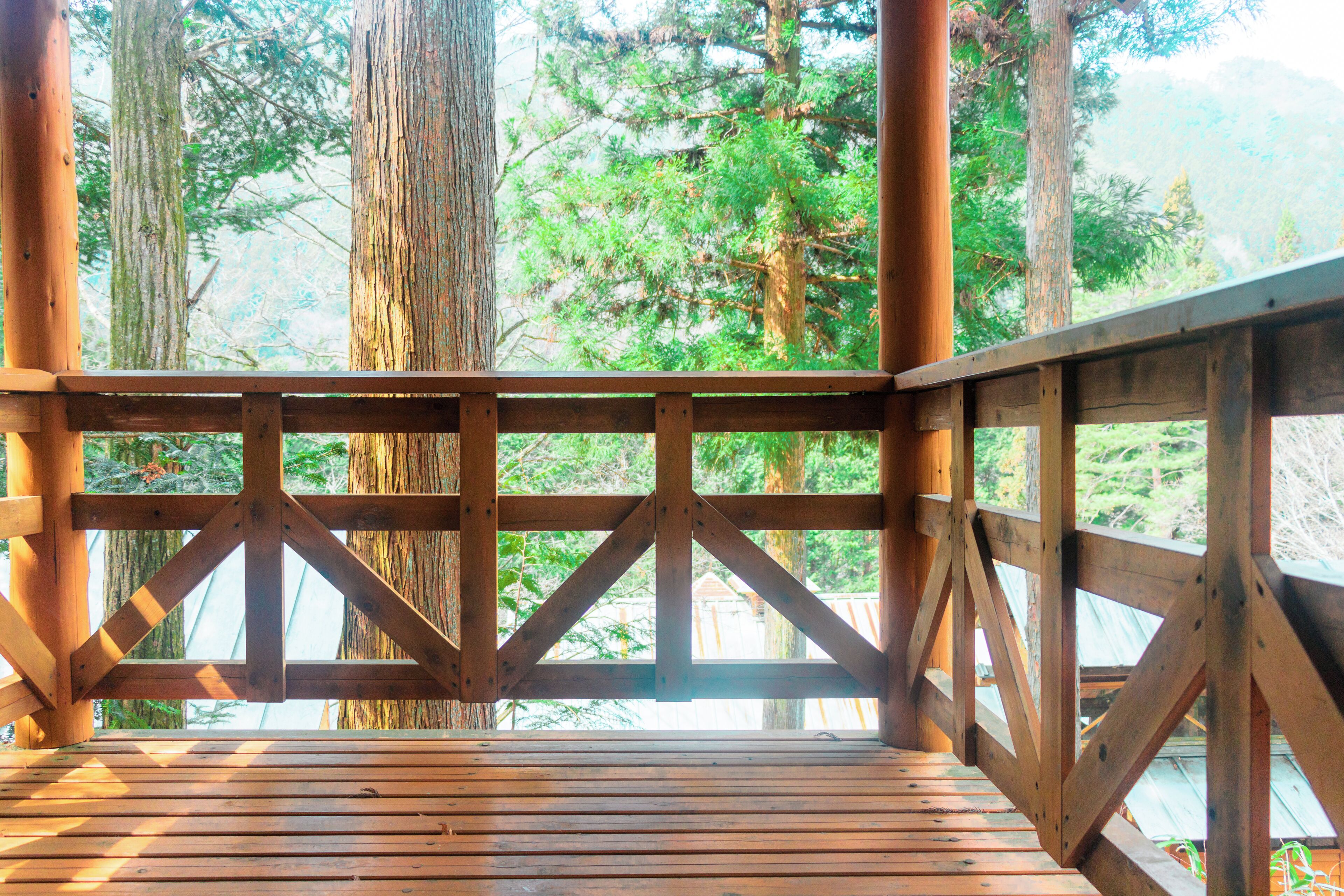 A wooden deck with a view of tall trees and a forested area.