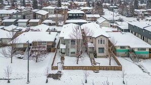 A residential area with houses covered in snow, featuring a mix of modern and traditional architecture, and a distant view of a city skyline.
