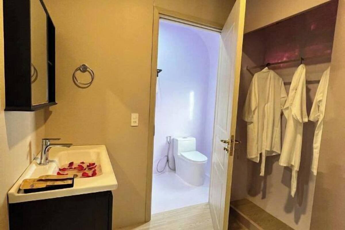 Shower, free toiletries, hair dryer, towels