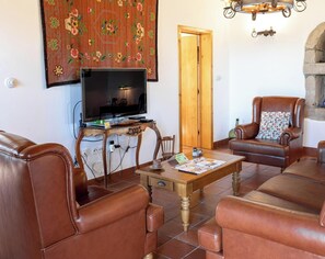 A living room with leather sofas, a wooden coffee table, a flat-screen TV, and a decorative rug.