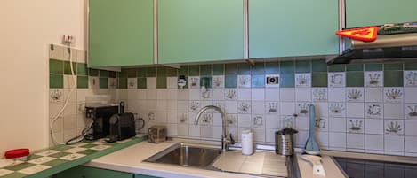 Fridge, dishwasher, cookware/dishes/utensils
