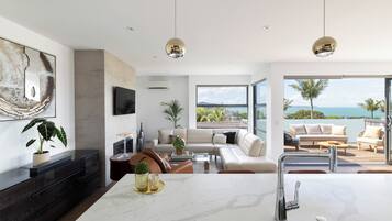 Smart TV, fireplace, stereo