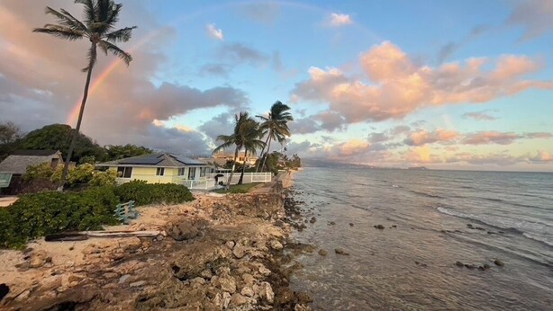 A coastal property with a rocky shoreline, palm trees, and a house with a visible porch. - Oceanfront Hideaway with Detached Primary Bedroom (Ewa Beach)