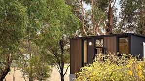 Una cabaña pequeña y moderna, con un sendero de grava que la lleva a ella, rodeada de árboles y un jardín.