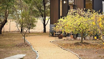 A small, modern cabin with a gravel path leading to it, surrounded by trees and a garden area.