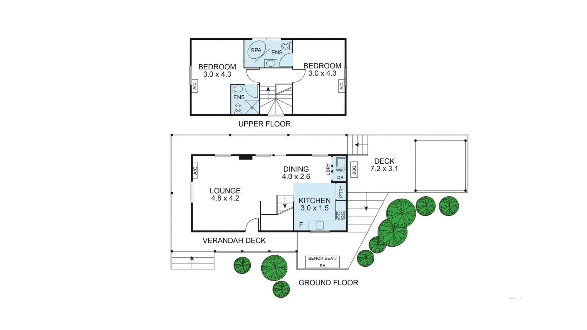 A floor plan of a hotel with two bedrooms, a lounge, a dining area, a kitchen, a deck, and a veranda deck.