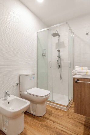 Regadera, secadora de cabello, bidet, toallas 
