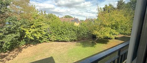A view from a balcony with a metal railing, a grassy lawn, dense shrubbery, and a house with a solar panel in the background.