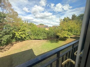 A view from a balcony with a metal railing, a grassy lawn, dense shrubbery, and a house with a solar panel in the background.